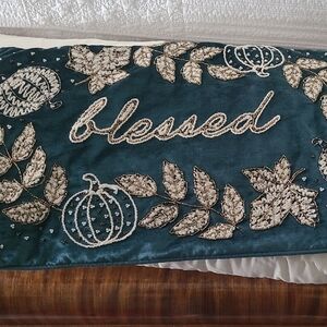 Blessed Embroidered Teal Accent Pillow with Leaf Design Pillow Cover